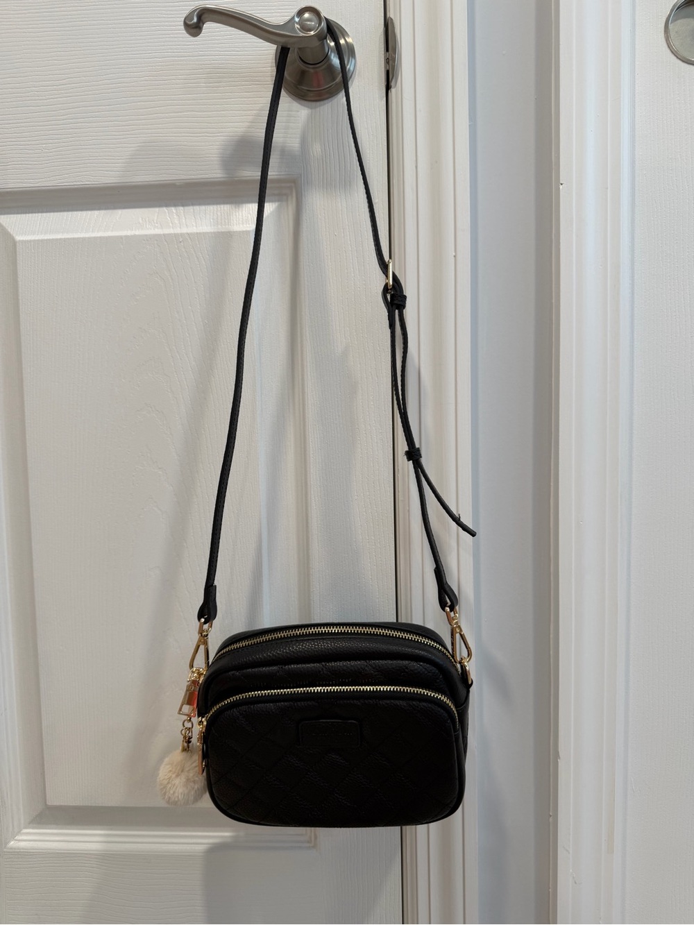 Pom Pom London - Black Quilted Crossbody Bag with Gold Hardware and Pom Charm